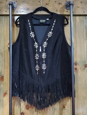 Bob Mackie Black Fringe Tank with Beaded Geometric Accents Zipper Western Boho